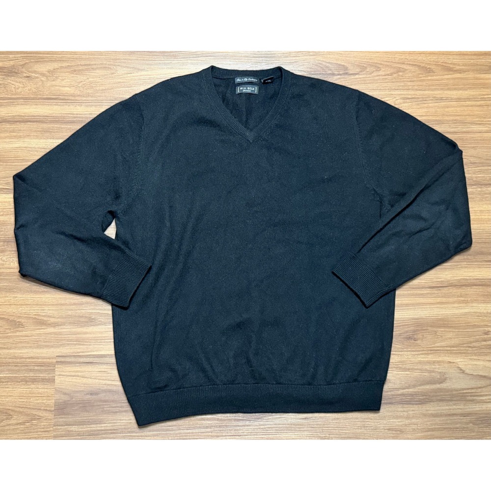 WH Belk Sportswear Mens Black 100% Cashmere V-Neck Sweater 2-Ply Knit Sz L